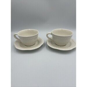 Pottery Barn Emma Beaded Ivory Colored Cup & Saucer Gifts Replacements Set of 2